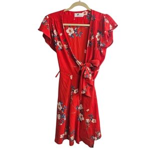 Vaniglia Red Floral Wrap Dress Ruffle Short‎ Sleeve Summer Casual Party Large ~
